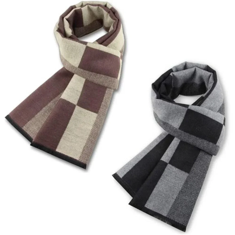 2-Pack Men’s Cashmere Feel Scarves Classic Black & Gray Plaid Winter Warm Scarf